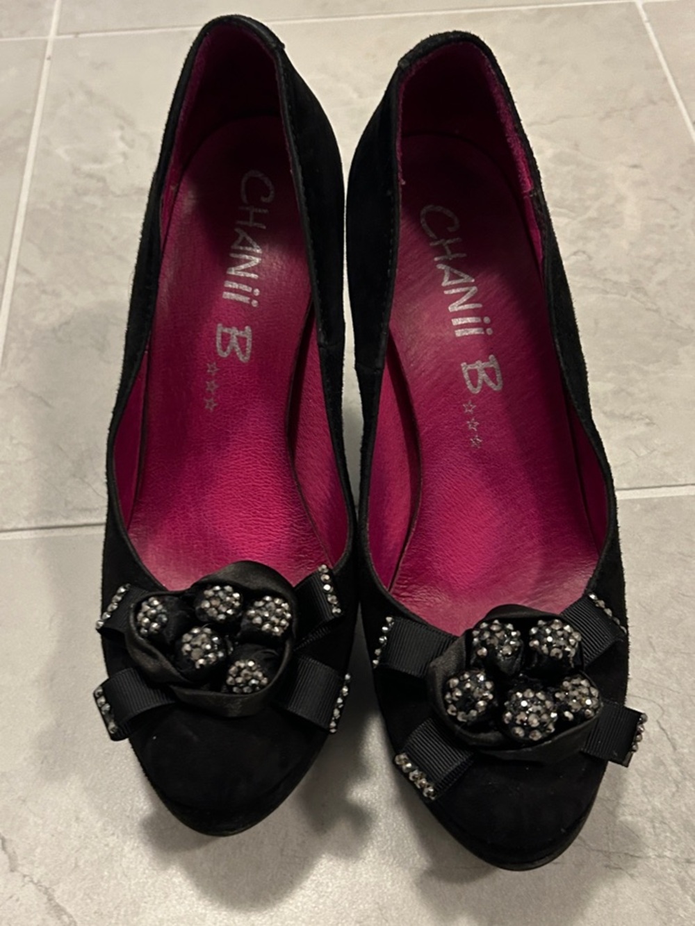 Black Suede Heels with Fuchsia Insole and Jeweled Bow